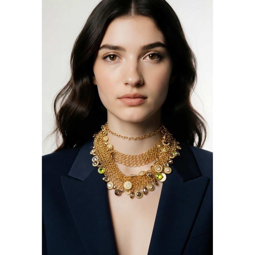 Swarovski Gold Tone Mesh Choker Necklace with Multi-Color Crystal Charms 5435560